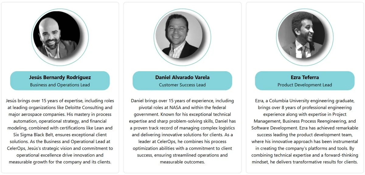 CelerOps team — Jesús Bernardy Rodríguez (Business and Operations Lead), Daniel Alvarado Varela (Customer Success Lead), Ezra Teferra (Product Development Lead)